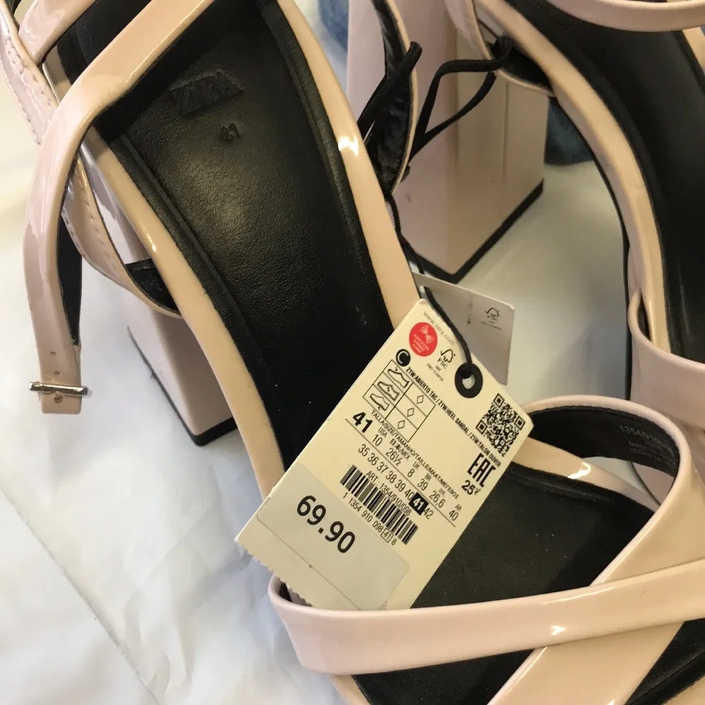 Zara Beige Patent Leather Platform High Heel Sandals